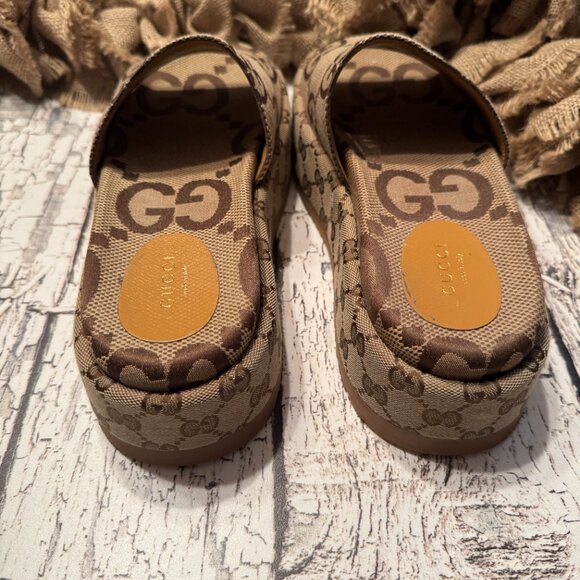 NWOT Genuine Womens Gucci Platform Slides Tan Classic - Picture 3 of 6